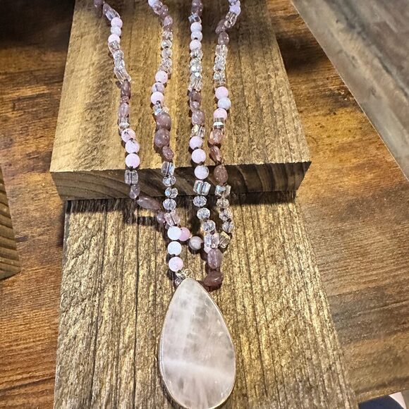 Bohemian Natural Stone Glass Knot Pendant Necklace | Gift Box Included , Pink Q - Picture 4 of 12